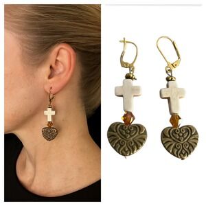 Religious Jesus Cross Heart Dangle Earrings Orange Crystal Lever Back